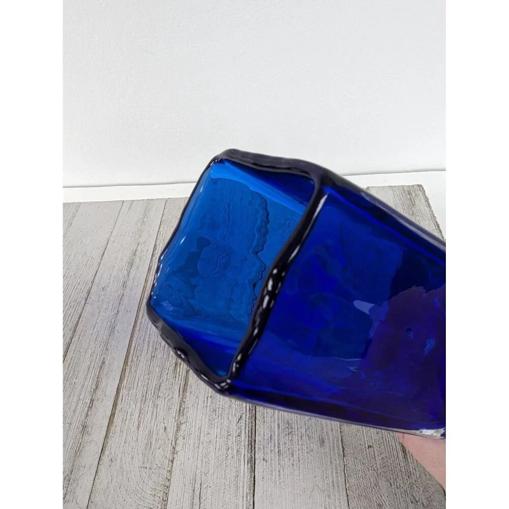 Beranek Handmade Glass Cobalt Blue Clear Abstract Vase Czech Republic Signed 7" - Picture 8 of 9